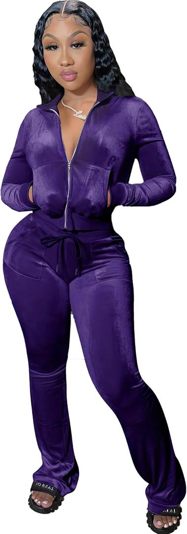 yidengymx Womens 2 Piece Velour Tracksuit Two Piece Outfits for Women Long Sleeve Zip Up Crop Tops Sweatpants Sets Pockets (XX-Large, Hoodie/Wide Leg Pants-purple)