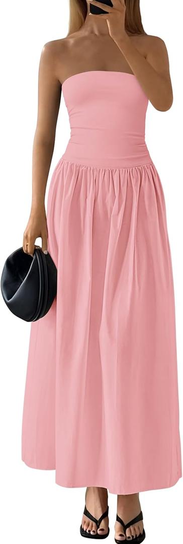 PRETTYGARDEN Women 2026 Summer Elegant Strapless Maxi Dress Tube Top Dress A Line Flowy Long Wedding Party Cocktail Dresses (Pink, XS)