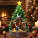 Christmas Tree Lighted Animated Rotating Adoration of The Magi Nativity Manger Scene, Musical Creche With Barn Animals Figurines LED Lights, Home Decor Gifts Festive Holiday Tabletop Decorations