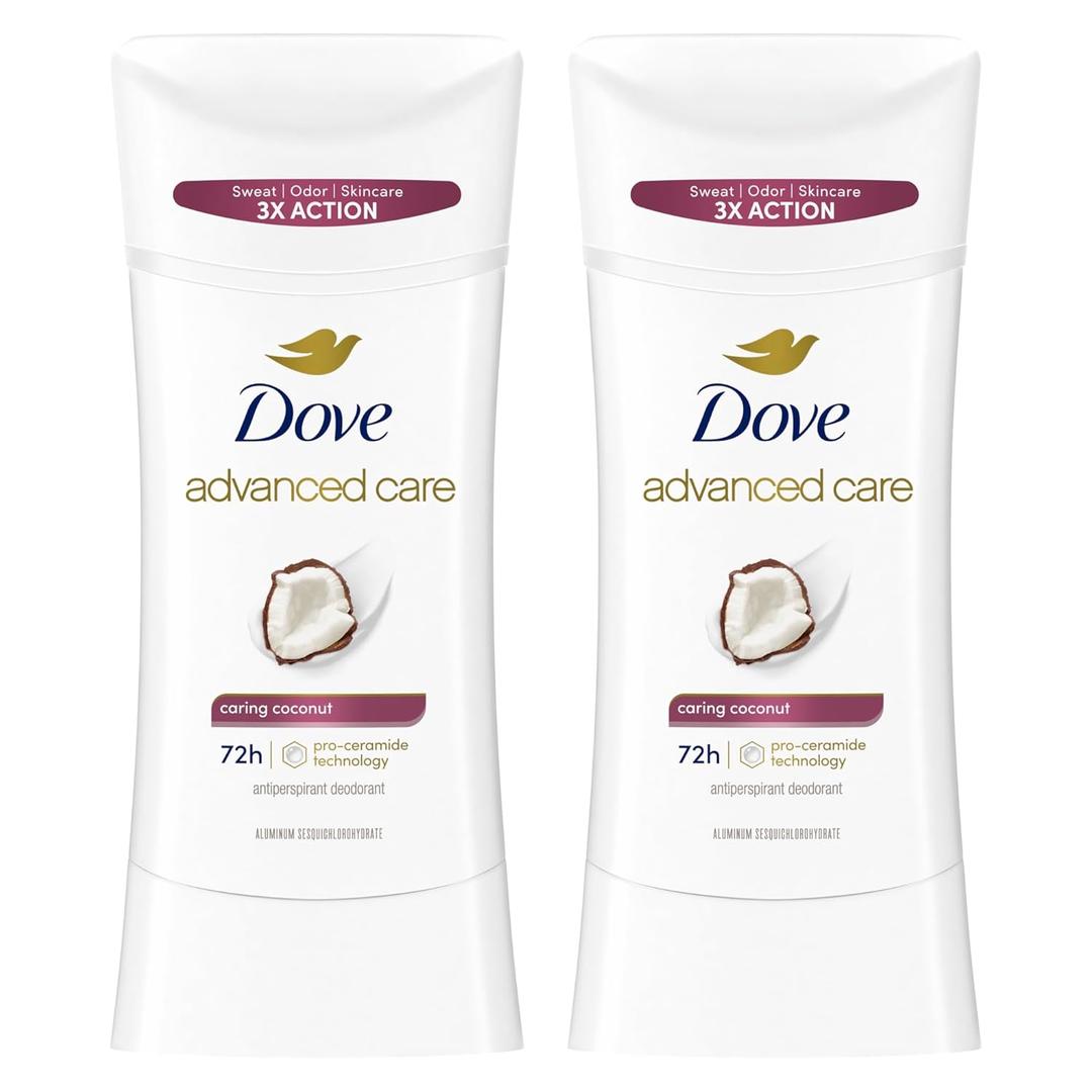 Dove Advanced Care Antiperspirant Caring Coconut, 2 Count Deodorant Stick for Women, for 48 Hour Protection And Soft And Comfortable Underarms, 2.6 oz