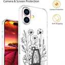 Compatible with iPhone 16 Plus Case Magsafe Clear,Magnetic Transparent Designer Cute Silicone Phone Cover Cases for Women - Black Flowers Line Art