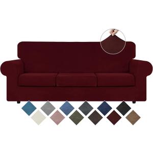 WEERRW Velvet High Stretch Couch Covers for 3 Cushion Couch Sofa Slipcovers, Washable Furniture Protector with Non Slip Elastic Bottom, Feature Soft and Thick Plush Fabric, Burgundy, Large