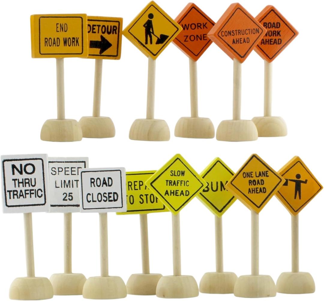 Attatoy Toy Wooden Road Construction Traffic Sign Set; Street Signs Small Toy Cars and Other Diecast Vehicles & Wood Cars & Toys