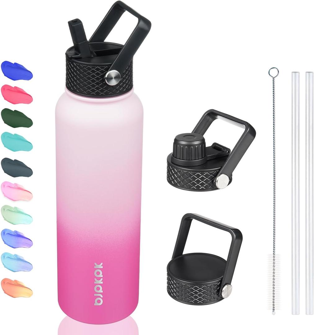 BJPKPK 40oz Stainless Steel Insulated Water Bottle with 3 Lids, Sakura - BPA Free Leakproof Thermos Bottle for Sports & Gym (Cherry)