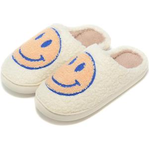 Retro Fuzzy Face Slippers for Women Men, Retro Soft Fluffy Warm Home Non-Slip Couple Style Casual Smile Face Slippers Indoor Outdoor Anti-Skid Warm Cozy Foam Slide Fuzzy Slides with Soft Memory Foam Shoes (6.5-7.5 Women/7-8 Men, Blue)