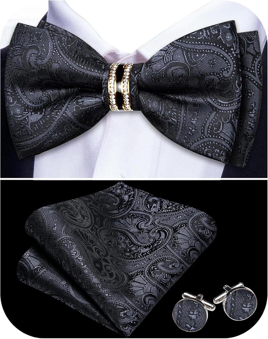 YOHOWA Mens Bow Tie Set Paisley Pre-tied Bowties Adjustable with Handkerchief Cufflinks Gold Ring Set Wedding Prom Party