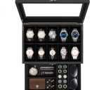 Uten 10-Slot Watch Box, 2-Layers Solid Wood Watch Display Case with Glass Lid, Watch Holder Organizer with Soft Pillow and Velvet Lining, Watch and Jewelry Storage Box, Black
