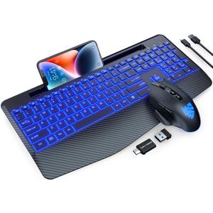 Wireless Keyboard and Mouse Backlit, Wrist Rest, LED Mouse, Rechargeable Ergonomic Keyboard with Phone Holder, Silent Light Up Combo for Computer, Mac, PC, Laptop, Chromebook - SABLUTE KM22 Ultra+ (Black)