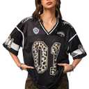 RoseSeek Women's Y2k Football Jersey Shirts V Neck Mesh Oversized Tshirts (Black, XS)