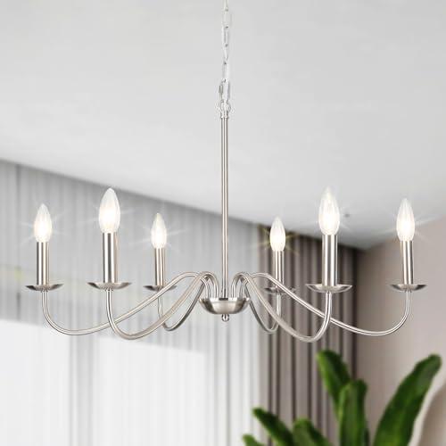 YCZHCC 6-Light Brushed Nickel Chandelier, Modern Candle Chandelier Light Fixture, 27.5'' Contemporary Dining Room Chandelier for Kitchen Island Living Room Entryway Foyer