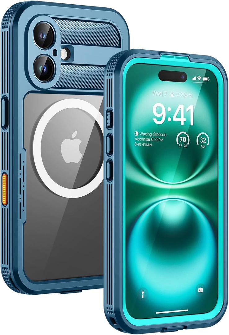 Lanhiem Magnetic for iPhone 16 Plus Case, IP68 Waterproof Dustproof Case, [Compatible with Magsafe] [Built-in Screen Protector] Full Body Heavy Duty Rugged Phone Cover 6.7 inch, Blue/Clear