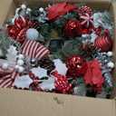 Classic Red and White Christmas Wreath, 24 Inch Holiday Door Decor with Pine Cones, Poinsettias, Ornaments, Striped Bow, Frosted Berries (Red and White)