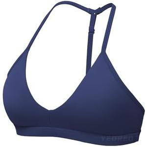 YEOREO Sports Bras for Women Strappy Padded Halter Ericie Open Back Light Impact Deep V Neck Yoga Workout Gym Tops, Size S, Drak Blue