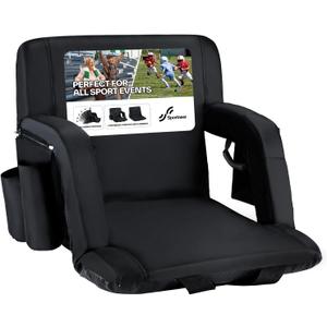 Sportneer Stadium Seats with Back Support: 2.5'' Thick Comfy Cushion 6 Adjustable Angle Bleacher Seat with Armrest - 2 Large Pockets, 2 Cup Holders Stadium Chair for Sport Events Concerts Parks, Non-Heated, Regular - 20.5"
