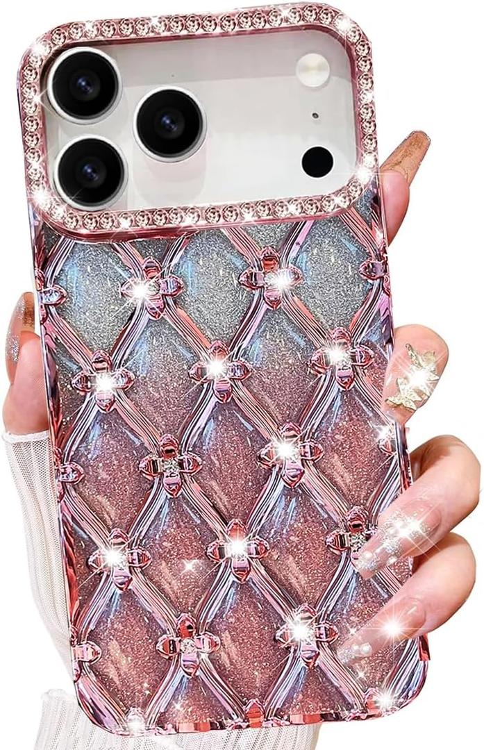 for iPhone 17 Pro Max Glitter Bling Case,Cute Luxury 3D Sparkle Rhinestones Flowers Diamond Soft TPU Plating Bumper Shockproof Women Girls Slim Protective Case for iPhone 17 Pro Max 6.9",Pink
