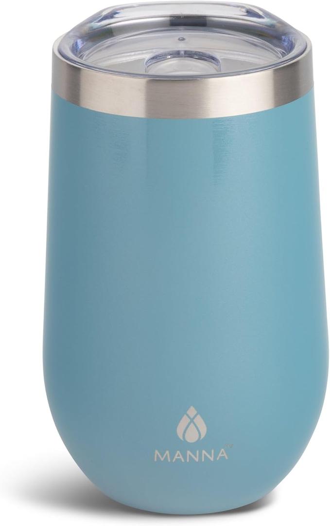 Manna Airn Double Wall Insulated Stainless Steel Stemless Wine Cup Tumbler with Splash-Proof Lid - 16 Oz - Frost Shimmer