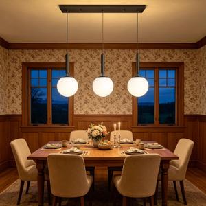 Modern White Glass Chandelier Mid Century Globe Pendants Lights for Kitchen Island Rectangular Lighting Fixtures for Dining Room Living Room Black, 23.6x4.7x59
