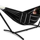 GAFETE Double Hammock with Stand for Outside, Upgraded Spreader Bar, Heavy Duty Space Saving Steel Stand 2 Person, Side Pockets, Easy Assembly, 600lbs Weight Capacity, Indoor & Outdoor (Darkness)