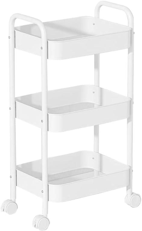 3-Tier Rolling Utility Cart Metal Cart with Lockable Wheels for Office, Living Room, Kitchen, White