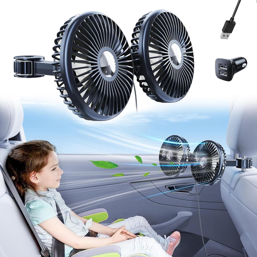 Nauttxon Car Fan for Back Seat [Comes with Car Charger] 360 Degree Rotatable USB Car Seat Fan for Baby Rear Facing - 3 Speeds Separate Control for Vehicles SUV RV