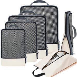 BAGAIL 4 Set/6 Set/8 Set Compression Packing Cubes Travel Accessories Expandable Packing Organizers (Half Mesh, 6-Beige)