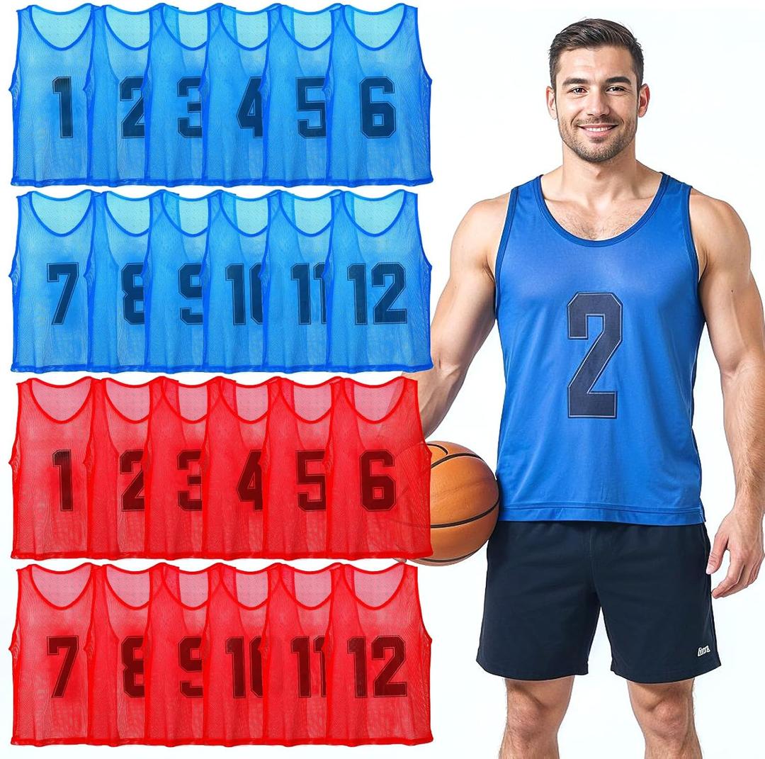 24Pcs Youth Pinnies Scrimmage Vests, Sports Pennies for Youth Adults Soccer Basketball Scrimmage Training Vests,Team Sport Practice Jersey Chartreuse Blue Red