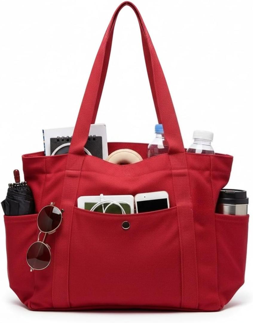 Medium Canvas Tote Bag with Zipper & Multi-Pocket, Heavy Duty Reusable Canvas Purse for Women Men Work Handbag