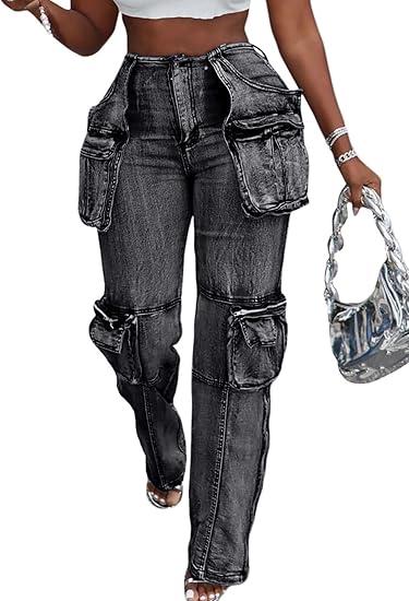 Women's Novelty Fashion Zip Side Slit High Waist Denim Jeans Pants with Multi Pockets, Size M