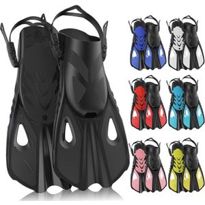 Snorkel Fins, Swim Fins Travel Size Short Adjustable for Snorkeling Diving Adult Men Women Open Heel Swimming Flippers (Black)