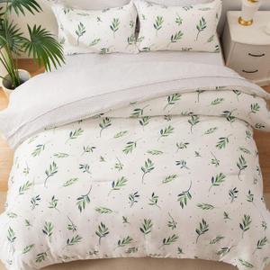 EMME Queen Comforter Set - 7-Piece Bed in a Bag for All Seaon, Ultra Soft Bedding Set with Comforter, Flat Sheet, Fitted Sheet, Pillowcase, Pillow Sham (Floral-Green Leaf, Full/Queen)