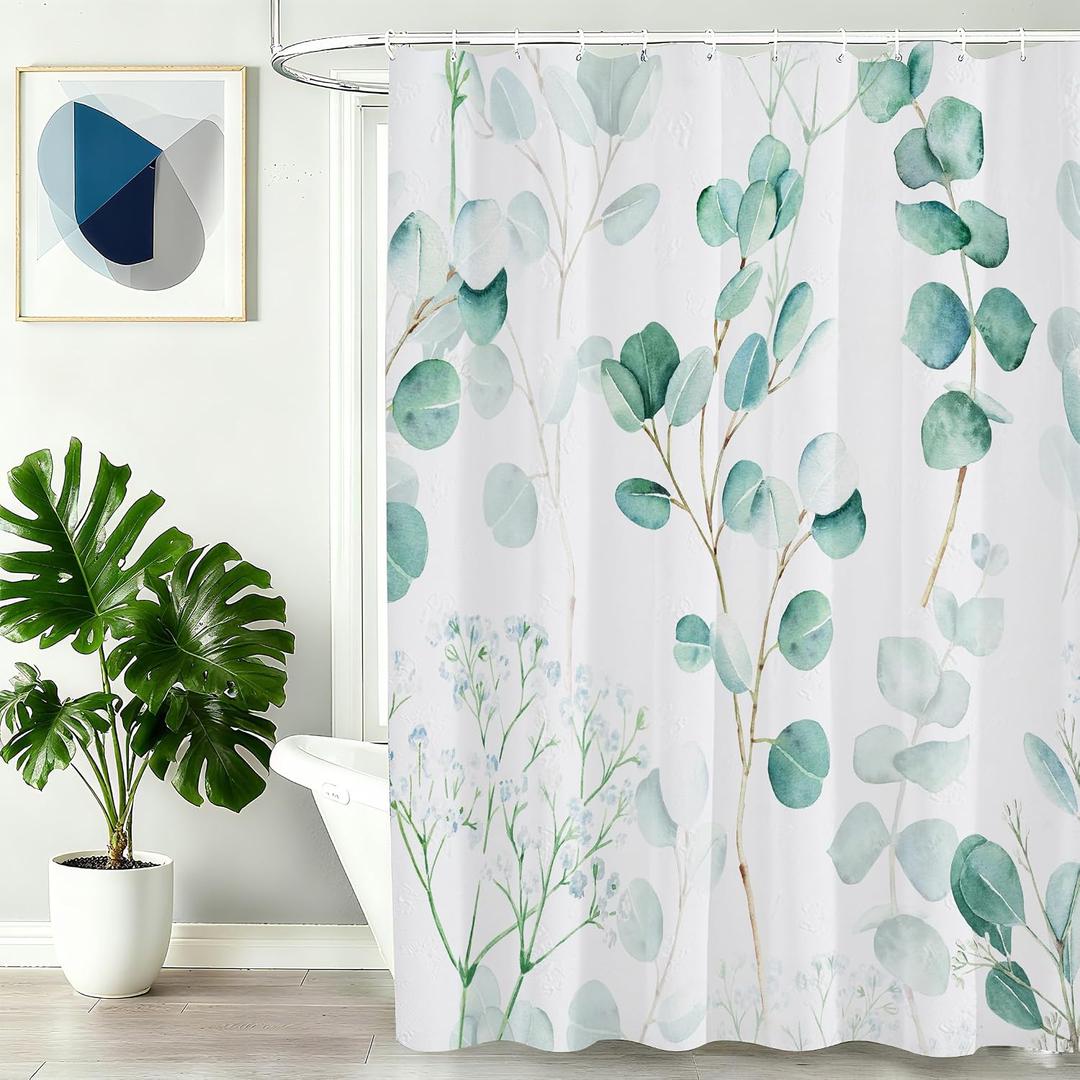Eucalyptus Leaf Shower Curtains, 72"x72"in 3D Embossed Butterflies Design,Sage Watercolor Plants Bathroom Curtains Bathtub Home Decor Waterproof Fabric Machine Washable with 12 PCS Hooks