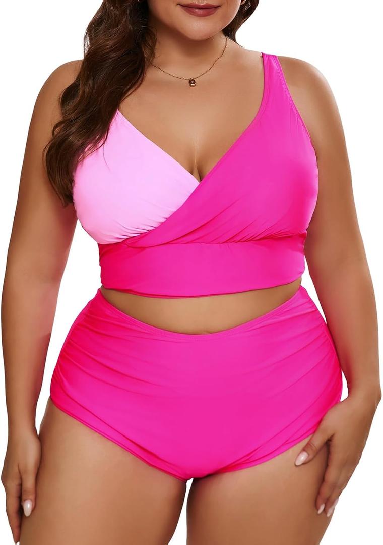 Eytino Womens Plus Size Bikini Sets High Waisted V Neck Bahting Suits Two Piece Color Block Swimsuits(1X-5X) (3X, Bright Pink)