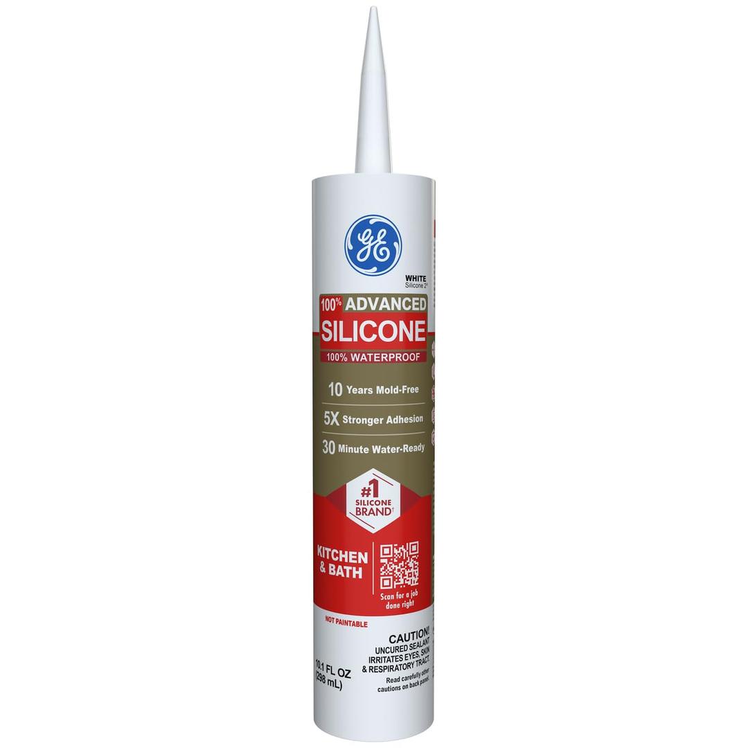 GE Advanced Silicone Caulk for Kitchen & Bathroom - 100% Waterproof Silicone Sealant, 5X Stronger Adhesion, Shrink & Crack Proof - 10 oz Cartridge, White, Pack of 1
