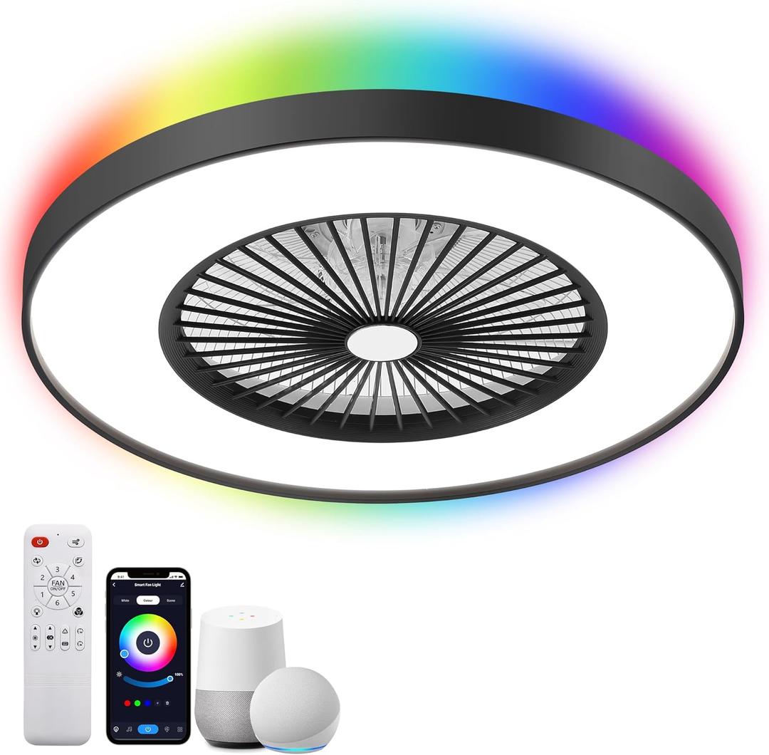 24" Low Profile Ceiling Fan with Light, Bladeless Ceiling Fan with Alexa, APP Control, Modern Flush Mount Ceiling Fans Dimmable Color Chaning LED-RGB Ambient Light Black