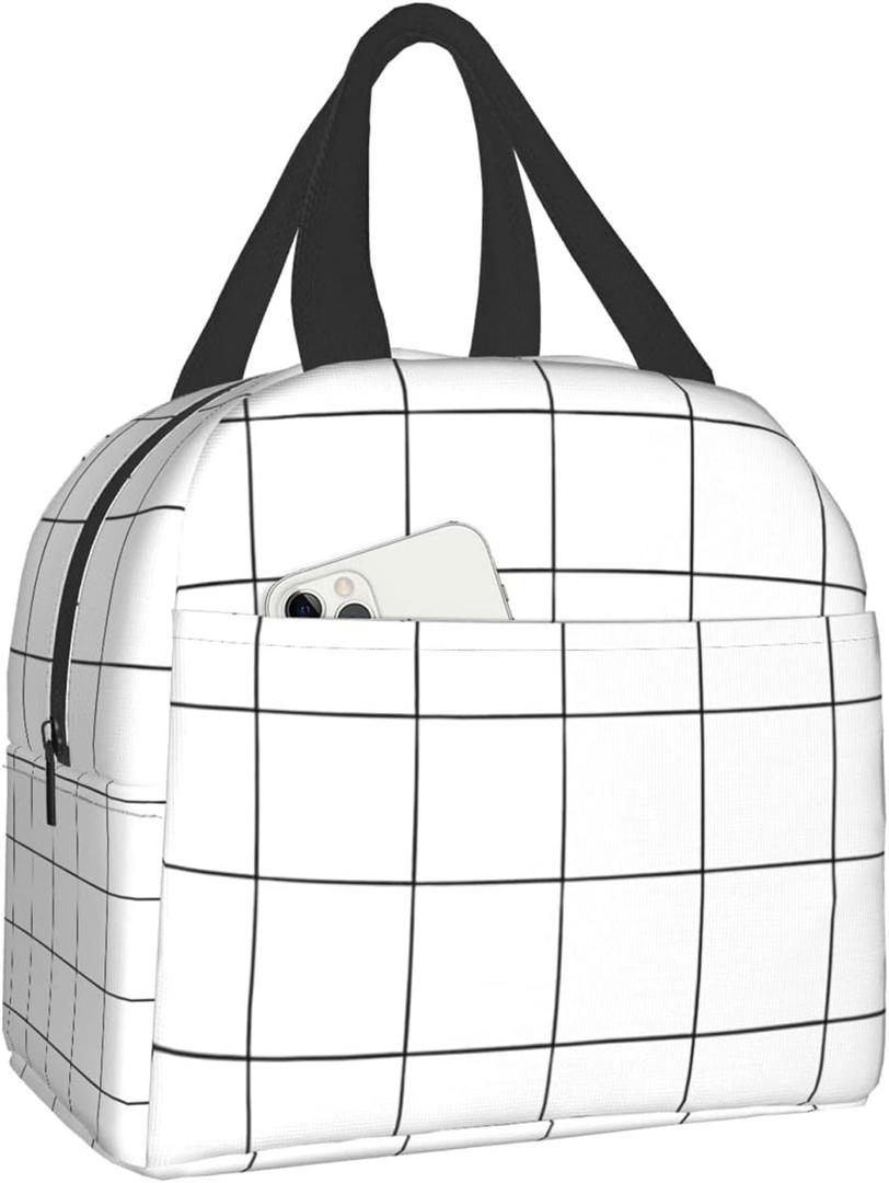 3 x White Lunch Box Insulated Checkered Lunch Bag, Reusable Snack Bag Food Container For Boys Girls Men Women School Work Travel Picnic Waterproof Outdoor Tote Handbags For Adults Kids
