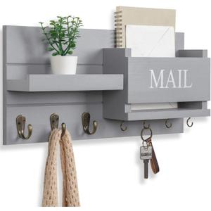 Lwenki Mail Organizer for Wall Mount Key Holder with Shelf Includes Letter Holder and Hooks for Hallway Farmhouse Decor Rustic Wood with Flush Mounting Hardware (16.5 x 9.1 x 3.4) (Gray)