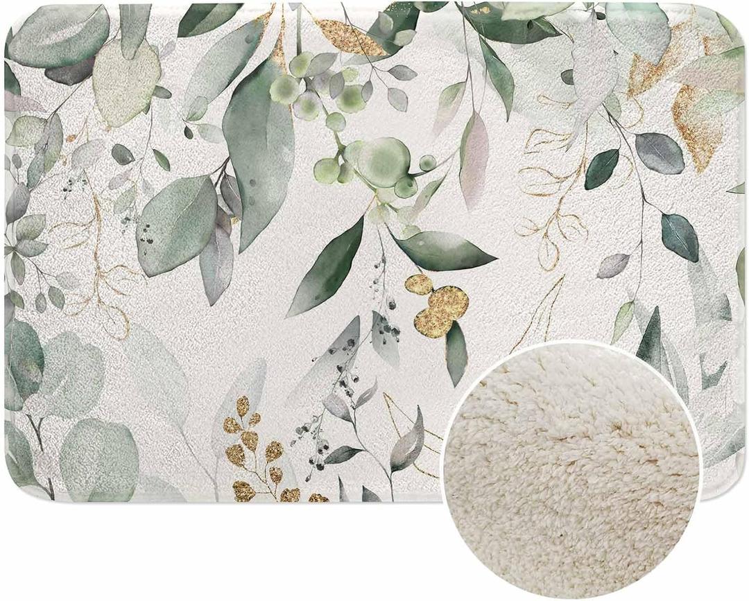 Watercolor Botanic Bath Mat for Bathroom Leaf and Buds Spring Leaves Eucalyptus Bath Rugs Door Mat Non Slip Rubber Backed Bathroom Floor Mat for Bathtub Sink Shower 16"X24"
