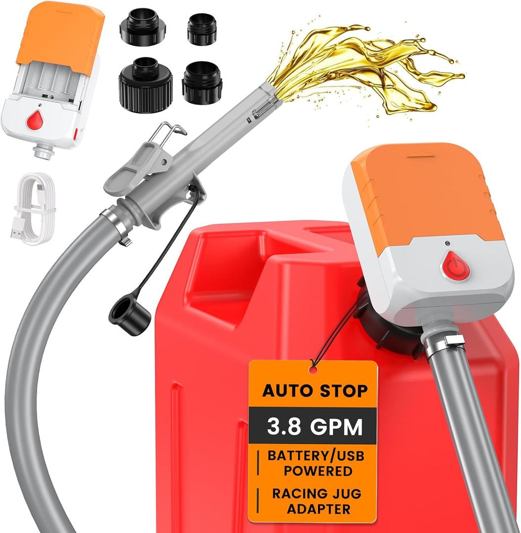 Fuel Transfer Pump with Auto-Stop,3.8 GPM Flow, 51'' Heavy Duty PVC Hose, Battery or USB Powered Gas Can Pump with 4 Can Adapters, No Spill Sensor, Portable Fuel Pump for Oil, Diesel, Gasoline
