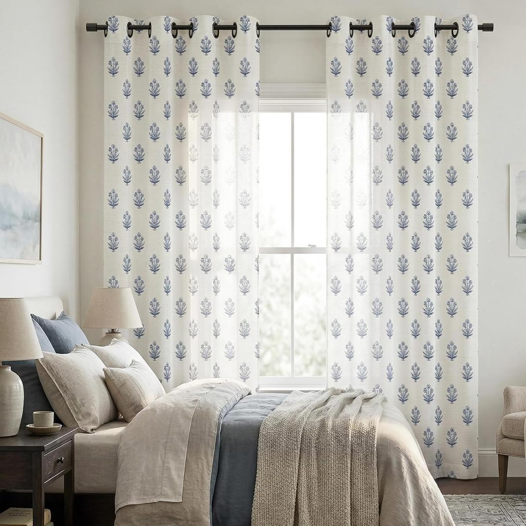 Navy Blue Curtains 96 Inches Long,Beautiful Elegant White Sheer Floral Toile Chinoiserie Curtains for Living Room Bedroom