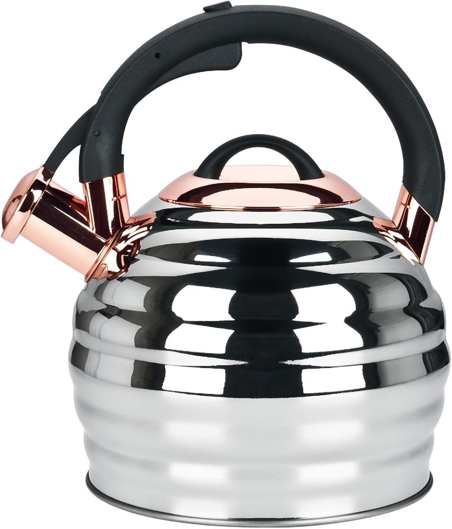 Tea Kettle for Stove Top Whistling Teapot, 3.2Q Tea Pot Stainless Steel Teakettle with Heat Proof Ergonomic Handle (Gold)