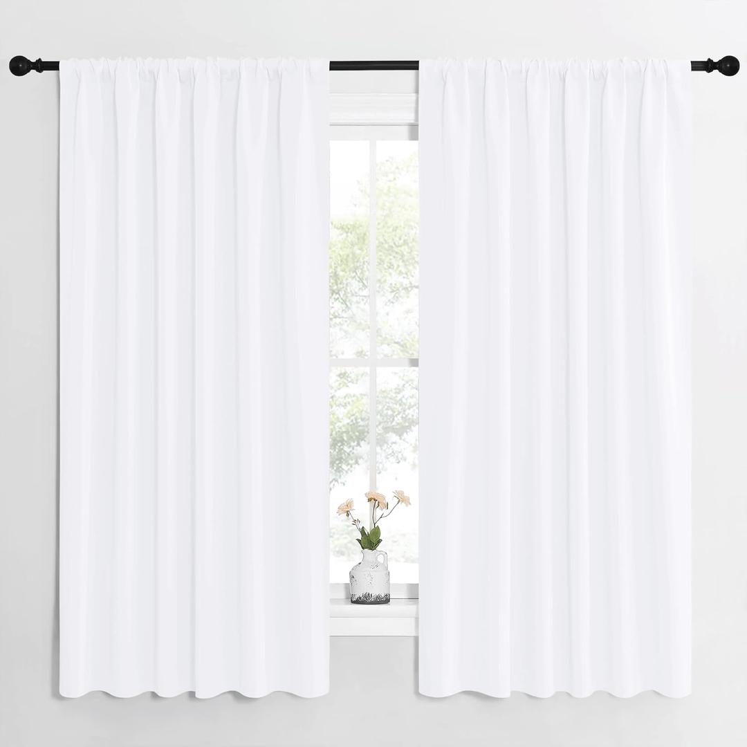 NICETOWN White Curtains, 50% Light Blocking Curtain Panels for Bedroom, Home Decoration Easy-Care Solid Rod Pocket Draperies/Drapes, Window Covering for Kitchen (2 Panels, 62 by 63, White)