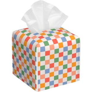 Retro Leather Tissue Box Holder Colorful Checkerboard Tissue Box Cover Facial Paper Case Organizer Cube Napkin Dispenser for Bathroom Vanity Countertop Night Stand Office Car