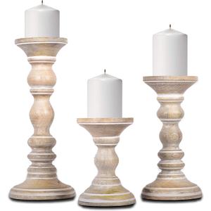Mela Artisans Whitewash Wood Candle Holders for Pillar Candles Set of 3 | Willow Decor Style for Mantles | White Mango Wood Farmhouse Candle Holders | Rustic Wooden Candleholder | Sized 6", 9" and 12"