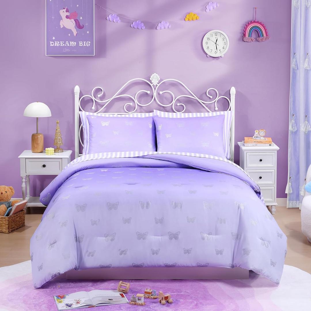 Queen Comforter Set with Sheets for Girls-7 Pieces Queen Bedding Sets with Purple Comforter, Sheets, Pillowcases & Shams for Kids (Purple Butterfly, 90" X 90") (Purple/Silver Butterflies)