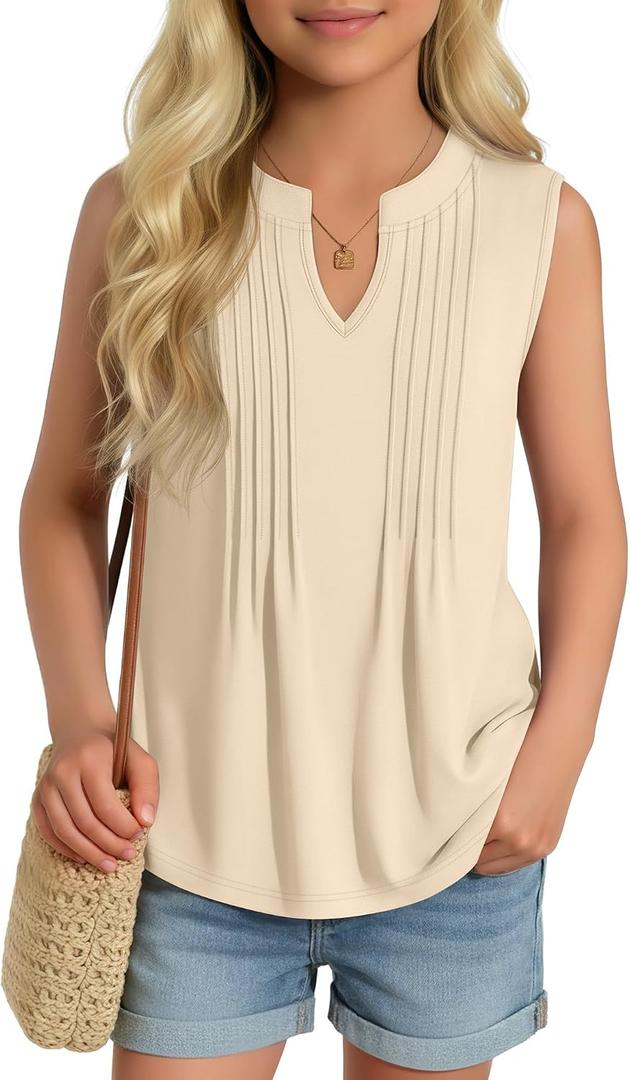 Ficerd Girl's Tank Tops V Neck Sleeveless Summer Shirts Kids Pleated Loose Blouse Dressy Casual Curved Hem Tees 5-14 Years
