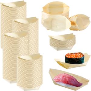 600 Pcs Disposable Bamboo Plates - Sushi Boat Bowls and Cutlery with Bamboo Leaf Boat Serving Tray for Party Catering and Home Use, 5.3 x 3 Inch