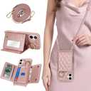 for iPhone 16 Plus Case with Card Holder and Strap for Women,Crossbody Lanyard, Make Up Mirror,Ring Stand,Snap Clasp,Cute Phone Wallet Cases 6.7 inch - Dark Rose Gold