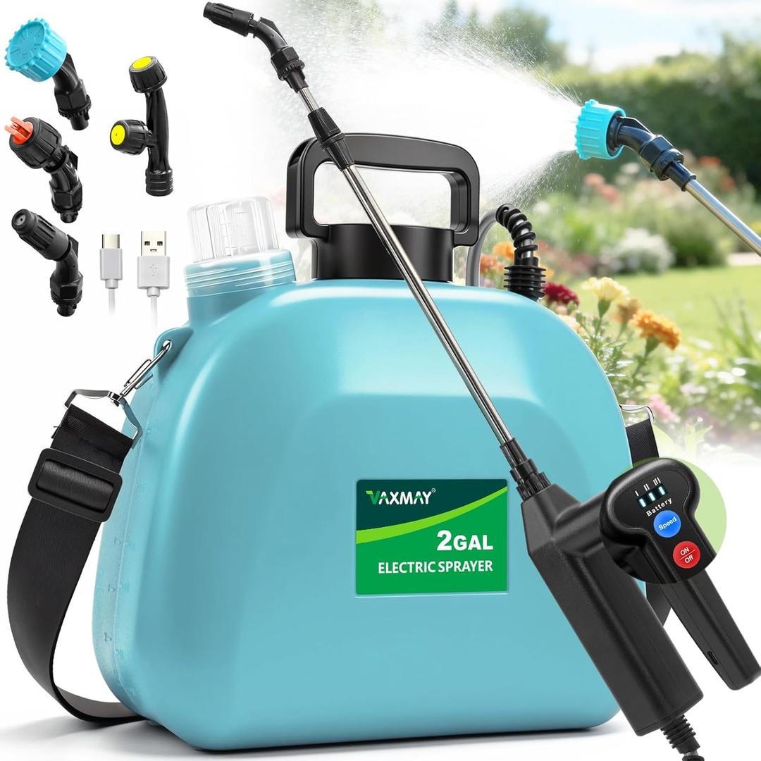 VAXMAY Battery Powered Sprayer 2 Gallon, Upgrade Electric Garden Sprayer with 3 Adjustable Speed, Battery Indicator, 4 Mist Nozzles, Rechargeable Handle, Retractable Wand, Shoulder Strap for Weed Lawn (Blue)