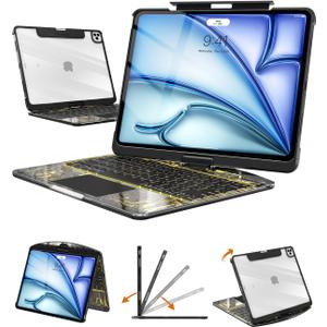 Transparent Keyboard Case for iPad Air 13 Inch (M3/M2 2025/2024) & iPad Pro 12.9 Inch (6th/5th/4th/3rd Gen), 7-Color Backlit Wireless Keyboard with Touchpad, 360 Rotating Stand, Pencil Holder, Black
