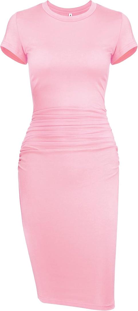 Missufeintl Women's Bodycon Ruched Short Sleeve T Shirt Midi Sundress Fitted Casual Dress (X-Large, Pink)
